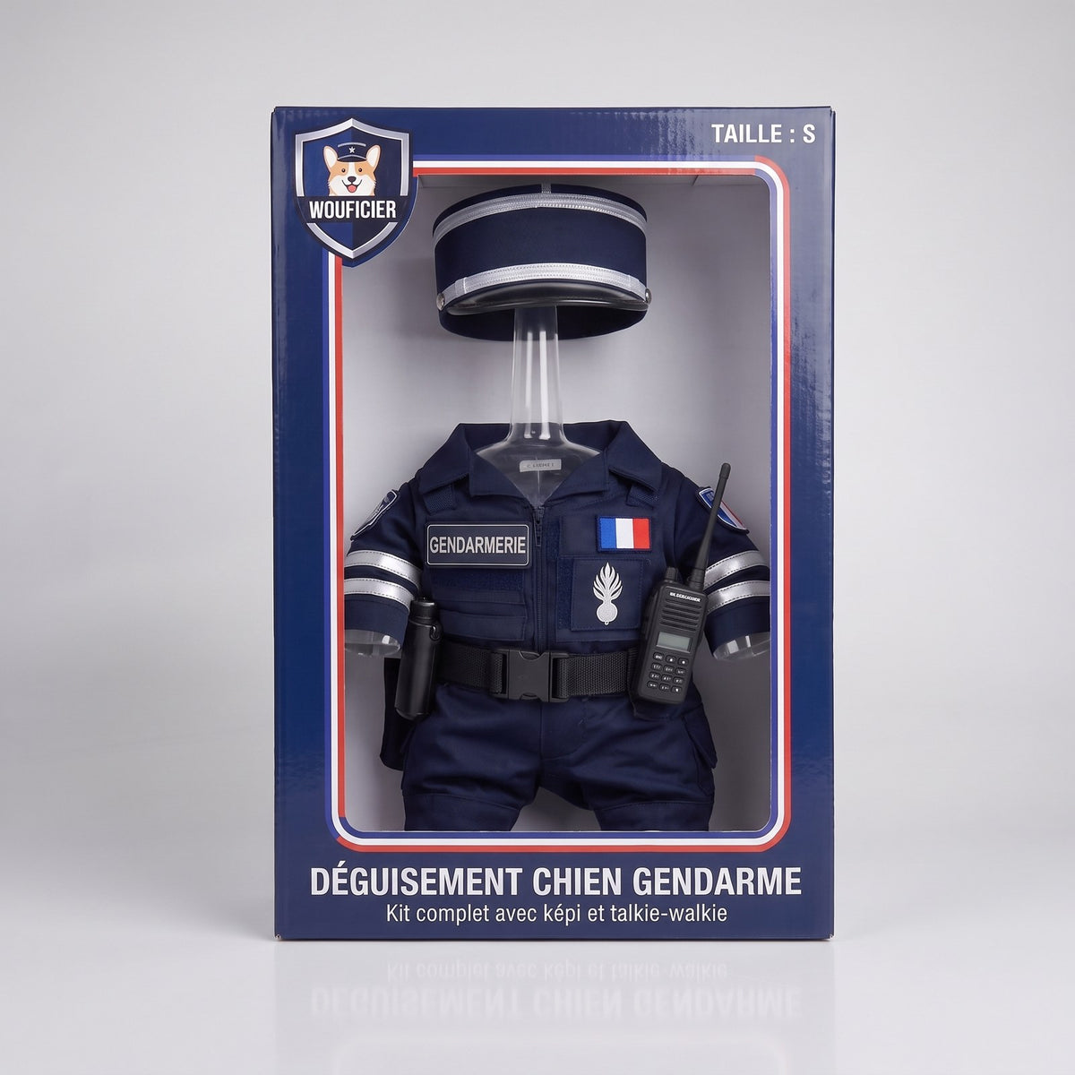 Coffret du déguisement chien gendarme WOUFICIER avec képi et talkie-walkie
